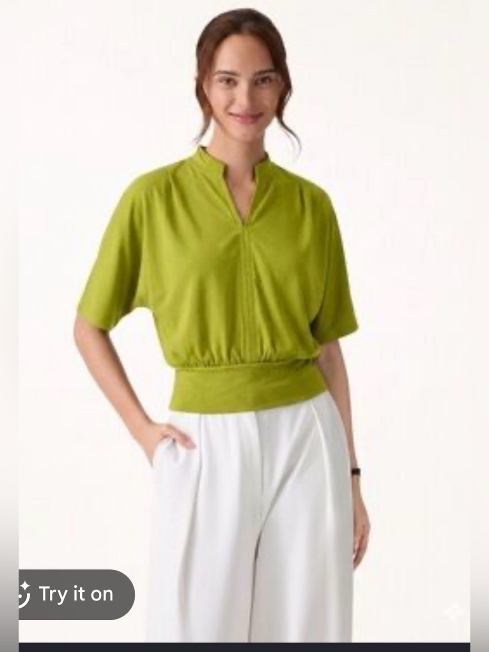 NWT OGL Move Peri Green Stand Collar V Neck Top Small Dolman Quiet Luxury